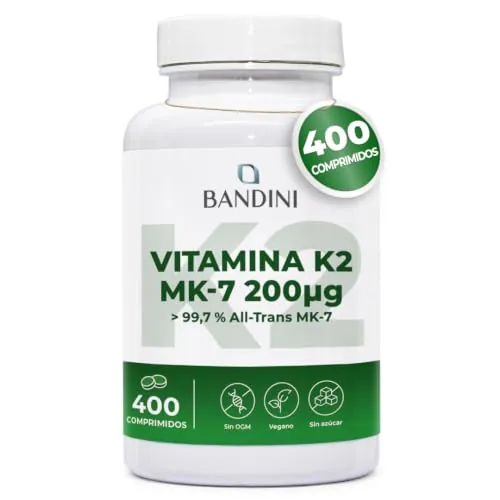 Bandini® Vitamina K2 (100% ALL-TRANS MK-7) 400 Comprimidos Veganos (1 año) | Alta Potencia de 200μg - K2 MK7 Forma Más Pura de Vitamina K 2 la Menaquinona - Mantenimiento de huesos y articulaciones