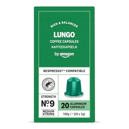 by Amazon Cápsulas de Aluminio de Café Lungo Compatibles con Nespresso, Tostado Medio, 20 Unidades, Certificadas por Rainforest Alliance