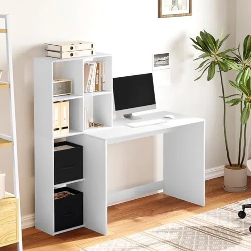 WOLTU Bureau avec Étageres de Rangement, Table Bureau Blanc, 140x50x134 cm | Con Estantería y Almacenamiento, Blanco Brillante, para Dormitorio y Estudio, 140x50x134 cm