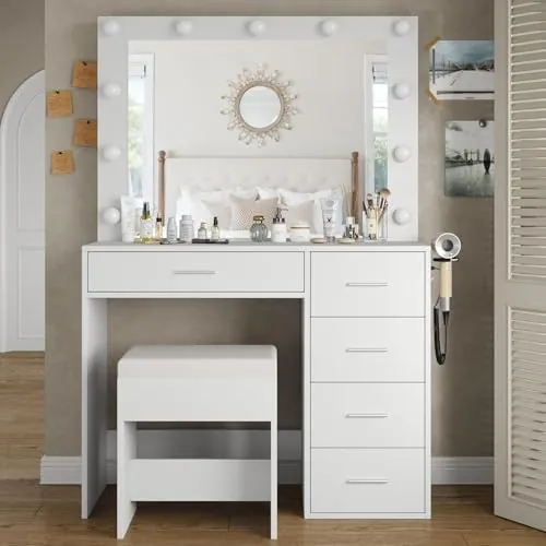 FUSOU Tocador con iluminación, tocador con Espejo, 94 cm, 11 Luces LED, 3 Modos de iluminación, 5 cajones, Mesa cosmética con Silla para Dormitorio, vestidor, Estudio, Blanco