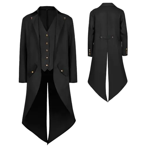 YQVGFBY Abrigo gótico steampunk para hombre, chaqueta vintage victoriana medieval, uniforme largo esmoquin, disfraz renacentista pirata vampiro fiesta cosplay (Negro, L)