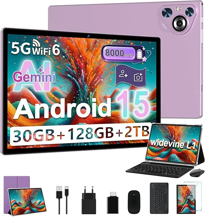 Tablet 10 Inch Android 15, IPS HD Screen [30GB RAM] 128GB ROM + 1TB Expansion - Octo-Core, 8000mAh, Metal Body, 5MP+8MP, WiFi6, Face ID, Widevine L1 - with Keyboard and Mouse - Violet