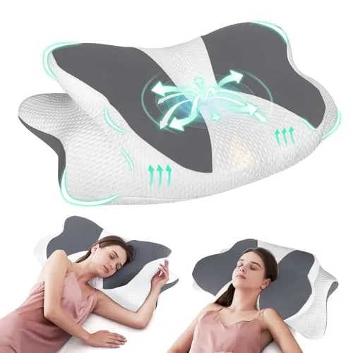 Nuvellina Almohada Cervicales y Cuello, Almohada Cervical Viscoelástica para Cervicales, Tejido Refrescante, Almohada Antirronquidos para Dormir de Lado, Boca Arriba y Boca Abajo, Color Gris Pizarra