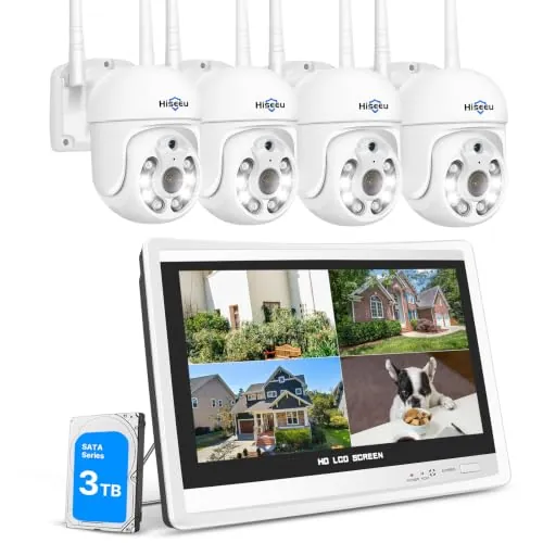 Hiseeu 【5MP+3TB】 5MP Kit Camaras de Vigilancia WiFi Exterior con 12'' de Monitor,10CH NVR 4X5MP PTZ Cámara de Seguridad,Detección de Movimiento,Visión Nocturna Color,Alarma Sonora,Teléfono/PC Remoto.
