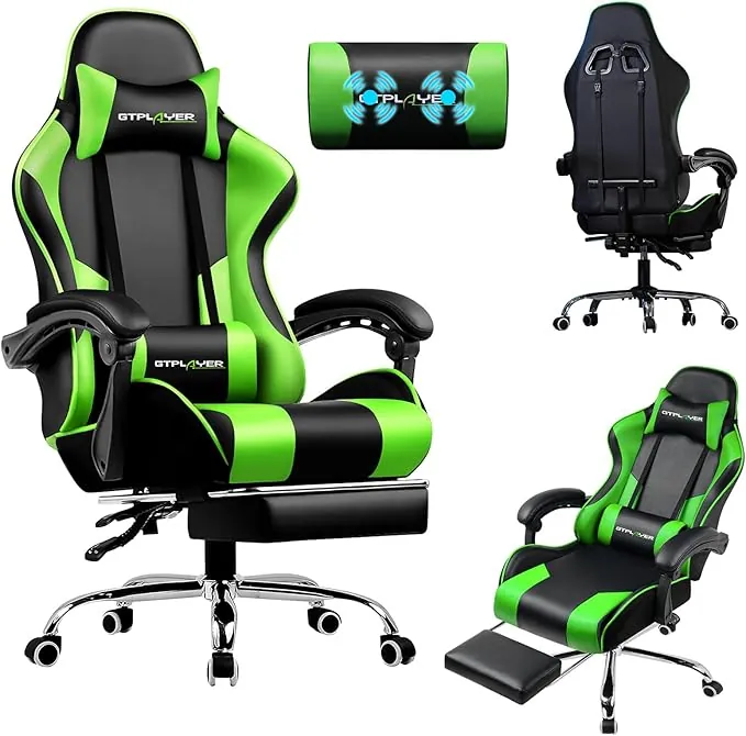 LUCKRACER Silla Gaming con Masaje Ergonómica | Reposapiés y Reposacabezas Retráctil | Soporte 150 kg | Oficina y Hogar | Color Verde