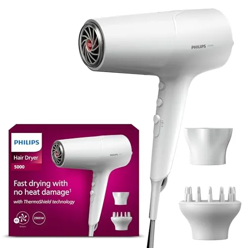 Philips Secador de Pelo Serie 5000, 2100w, con Tecnología ThermoShield, Boquilla UltraEstrecha, Boquilla Estrecha y Disfusor, BHD500/20, Blaco Satinado