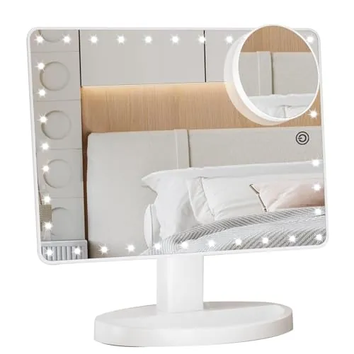 Espejo Maquillaje Grande, Espejo Aumento de 1X/10X, Luz Ajustable con 35 LED, Pantalla Táctil Espejo Cosmético, Fuente de Alimentación Doble, Portátil Espejo Tocador de 360°Rotación (Blanco)