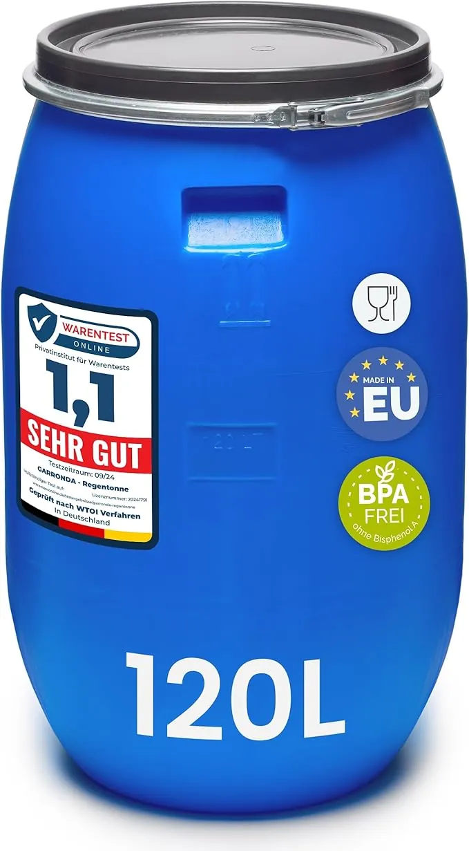 Garronda 120 litros Barril alimentario, depósito de Agua, Barril de Boca Ancha en HDPE y sin BPA, tonel de jardín, contenedor de Alimentos para Animales, Universal GD-0078, Azul