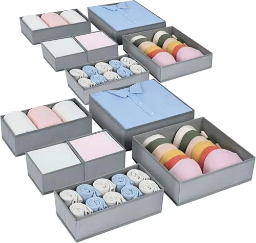 DIMJ Organizadores de Cajones - Divisores de Cajones Juego de 12 Cajas, Plegables Organizador Ropa Interior Armarios No Tejidos, BeBe, Calcetines, Ropa Interior, Corbatas, Gris con Textura de Hormiga