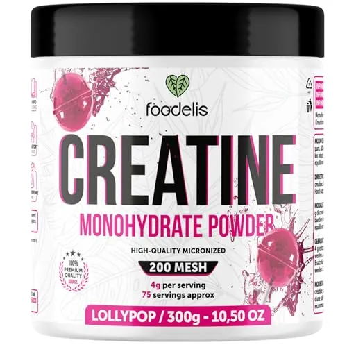 Foodelis Creatina Monohidratada en Polvo 300 g – Sabor Lollipop – 100% Creatina Micronizada – Alta Pureza – Sin Aditivos – Vegana – Alta Solubilidad – Incluye Dosificador