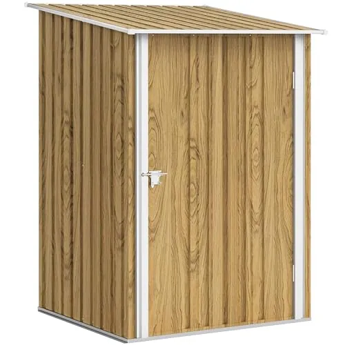 Outsunny Cobertizo de Jardín Exterior, 0,92 m², 100x103x160 cm, Caseta de Jardín Exterior Metálica con 1 Puerta y Cerradura, para Almacenamiento de Herramientas, para Patio, Terraza, Marrón Claro