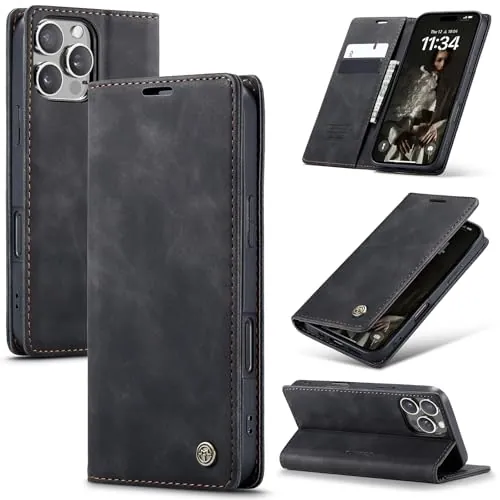 Azororo Funda para iPhone 16 Pro 5G PU Cuero Premium, Tapa Libro Estuche Flip Case, Tarjetas/Billetera, Soporte Plegable y Cierre Magnético Carcasa para iPhone 16 Pro -Negro