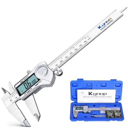 Calibre Digital Acero Inoxidable, Kynup Pie de Rey Digital Profesional de 150mm/6 Pulgadas, IP54 Impermeable Calibrador Vernier Digital, Gran Pantalla LCD Calibrador, Precisión de 0.01mm, Metalico