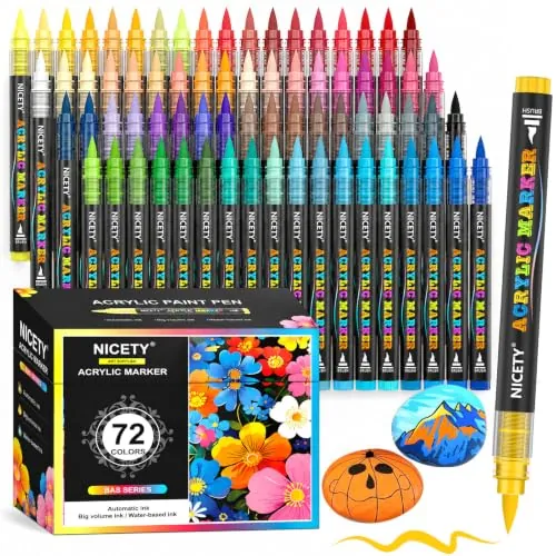 NICETY 72 Rotuladores Acrílicos de Punta Pincel - Set de Marcadores para Pintar sobre Piedra, Madera, Cerámica, Cristal - No Tóxicos, Punta Flexible 1-6mm - Para Adultos, Artistas y Principiantes