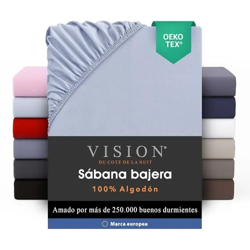 VISION Sábana Ajustable - 100% algodón - Cama Doble (150 x 200 cm) - Esquinas elásticas - Se Adapta a colchones de hasta 30 cm - Certificación Oeko-Tex - Lavable a máquina - Color: Gris Perla