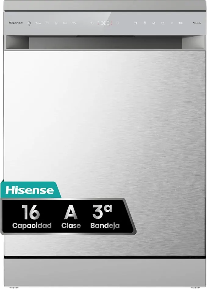 Hisense HS673A90X - Lavavajillas clase A, 16 servicios, tercera bandeja, 7 programas, ancho 60 cm, Conectividad Wi Fi, secado automático, iluminación interior LED, Inox
