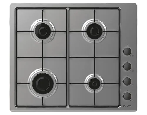 Candy Idea CHW6LBX/4U2, Placa de Gas, 4 Fuegos, 60CM, Gas Natural Adaptable a Gas Butano, 7,2KW de Potencia, Mandos Independientes Laterales, 2 Rejillas, Sistema de Seguridad en Llama, Inox