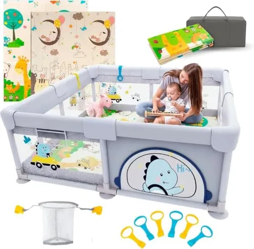 PARVULI Parque Infantil Bebé Plegable con Alfombra Acolchada 120x120 cm | Corralito Bebé + 6 Agarraderas + Canasta + Bolsa, Malla Transpirable y Valla de Seguridad Infantil para Casa y Viajes
