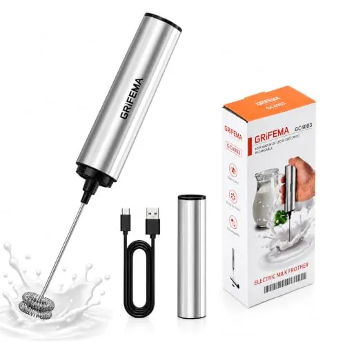 GRIFEMA Espumador de Leche Eléctrico Recargable Batidor Café | Mini Batidor USB con Cuerpo Totalmente de Acero Inoxidable, 13000 RPM, Sin BPA, Diseño Plata para Latte, Cappuccino, Matcha
