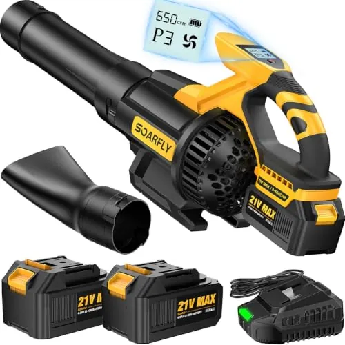 SOARFLY Soplador de Hojas a Batería con 2×4,0Ah Batería y Cargador, Motor 21V 28000 RPM, 210 km/h / 1104 m m³/h, Pantalla LCD, 3 Velocidades, Ligero para jardín, terraza y Entrada (Negro)