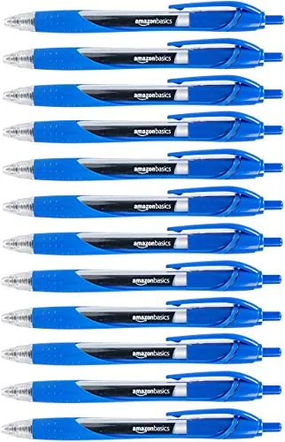 Amazon Basics Bolígrafos Retráctiles de Tinta de Gel, Agarre de Goma, Secado Rápido, Ideales para Clase y la Oficina, Punta Fina (0,7mm), Azules, Paquete de 12