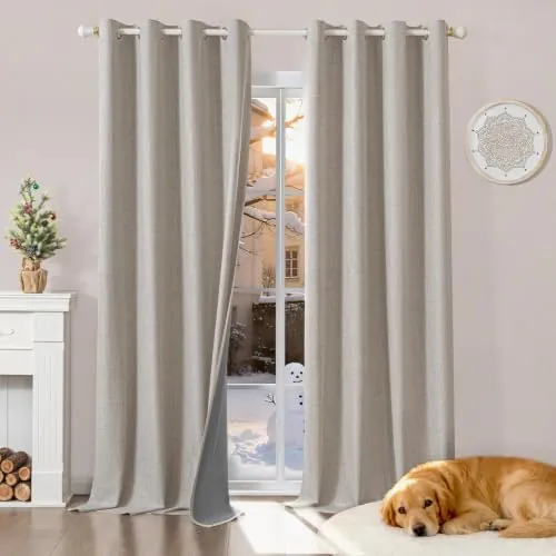 Runyéla 100% Cortinas Opacas Lino Termicas para Dormitorio y Salon 2 Piezas | 140x245cm, Gris Beige, Ojales, Aspecto Lino, Aislantes de Frío y Calor, Reducción Luz, Mayor Privacidad, Acústico Eficaz