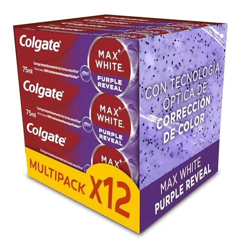 Colgate Max White Purple Reveal Pasta de Dientes Blanqueadora, Pack 12 x 75ml, Dentífrico Blanqueador de Dientes con Tecnología de Corrección Óptica del Color, Corrige al instante los Tonos Amarillos