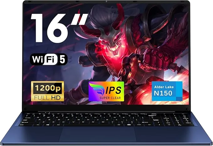 NAIKLULU 16 Pulgadas Ordenador Pc Portatil RAM 16GB SSD 512GB, Processor N150 (1,2 a 3,6GHz) Laptop 2026 Computadora Portatil, 6000Mah/Teclado Completo Retroiluminado/1920x1200P/Webcam