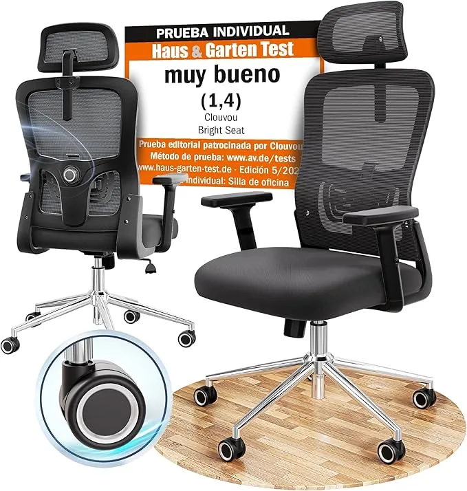 CLOUVOU BrightSeat Silla ergonómica de escitório [GANADORA DE PUREBAS] Silla de Oficina para Gamers Ajustable al 100%, giratoria, cómoda y Resistente hasta 150 kg | Ideal para Trabajo y Estudio