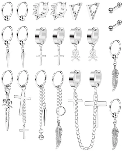MILACOLATO 21pcs Acero Inoxidable 316L Hombres Mujeres Pendientes de Cadena Colgante Punk Gótico Pendientes Kpop Hoja Cruz Conjunto Unisex, Acero inoxidable