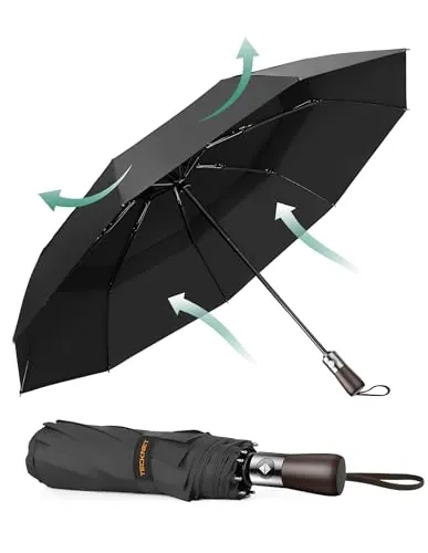 TECKNET paraguas plegable, un paraguas plegable antiviento con 9 varillas resistentes y tejido impermeable 210T. Este paraguas automático es adecuado tanto para días soleados como lluviosos