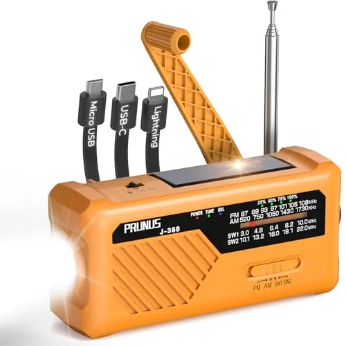 PRUNUS J-366 FM/Am/SW Radio Emergencia Solar Dinamo, Transistor Radio a Pilas AAA, Radios Portatil Pequeña Recargable con Banco Energía de 2000 mAh, Cable de Carga 3 en1, Linterna, Alarma SOS.