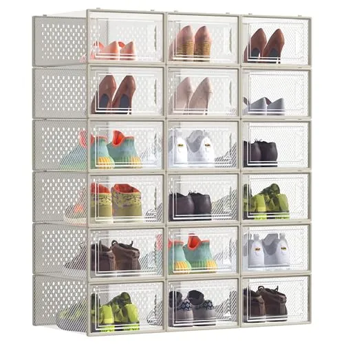 SONGMICS Cajas de Zapatos Plástico, Juego de 18, Plegable y Apilable