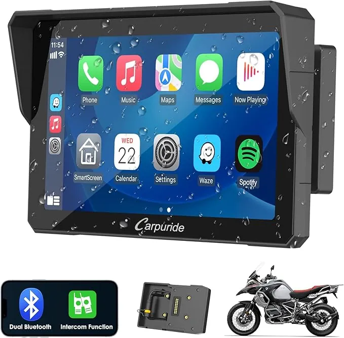 Carpuride W702B Pro Motocicleta Carplay Pantalla con Soporte para BMW Moto, Inalámbrico CarPlay y Android Auto, 7” Impermeable Táctil Pantalla, Dual Bluetooth, Intercomunicador Función, Navegación.