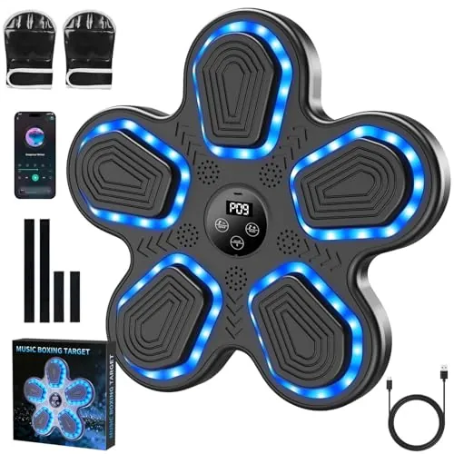 Máquina de Boxeo Musical de 5 Objetivos con Bluetooth y LED | 10 Modos de Entrenamiento y 9 Niveles de Velocidad, Seguimiento de Puntuación en Tiempo Real para Mejorar Reflejos - Azul
