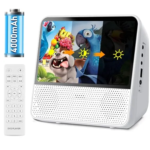 Reproductor DVD portátil con Pantalla de 7 Pulgadas, Brillo Ajustable, Batería de 4000mAh, Audio Bluetooth/USB/AV/AUX/Todas Las Zonas, DVD Portátil con Función de Memoria Interrumpida
