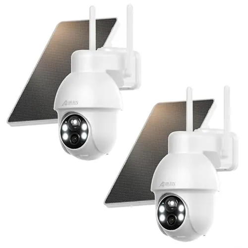 ANRAN Cámara de Vigilancia WiFi Solar Exterior 2K, PTZ 360° Sin Cables, Panel Solar Integrado, Foco, Visión Nocturna a Color, Detección Humana, 2.4GHz WiFi, 2 Unidades