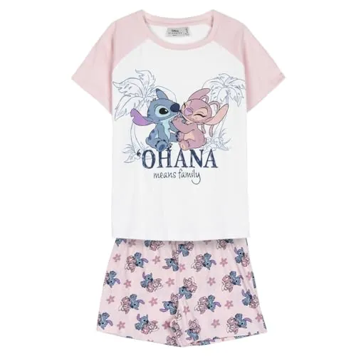 Disney Stitch Camiseta y Pantalón Corto para Niña, Pijama Algodón Suave, Stitch y Angel Conjunto 2 Piezas Verano, Talla 8 Años | Rosa