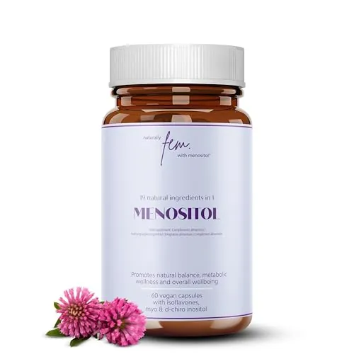 Inositol FEM Menositol 19 en 1 – Suplemento Integral para la Menopausia con Myo-Inositol, D-Chiro e Isoflavonas Naturales – Alivio de Sofocos y Síntomas Menopáusicos – Vitaminas Menopausia Mujer