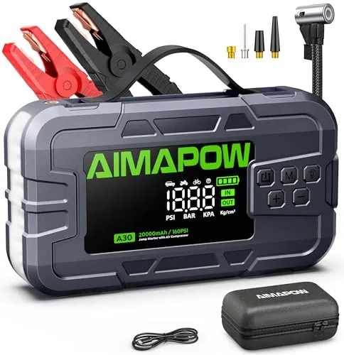 AIMAPOW Arrancador de Batería Coche 9000A 12V con Compresor 160 PSI, Arrancador de Coche Portátil para Motores Gasolina y Diésel hasta 12L, Inflador Neumáticos, Pantalla LCD y Luz LED