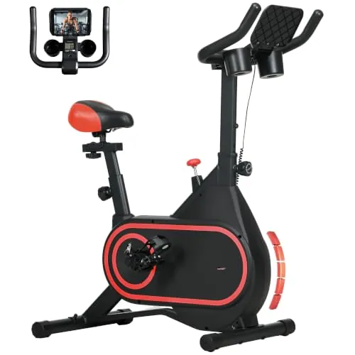 SPORTNOW Bicicleta Estática con Volante de Inercia 4 kg Carga 120 kg Rojo | Bici Estática, Resistencia Magnética Ajustable, Pantalla LCD, Silencioso, Asiento Ajustable, Soporte de Vasos