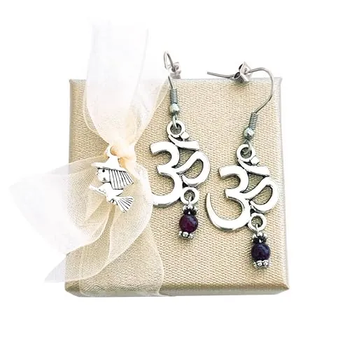 SIMBOLIKS OM Pendientes, Joyas Espirituales, Yoga Pendientes de Protección Reiki, estilo boho chic, Regalo espiritual, mineral color amatista, amuleto buena suerte, Om mani padme hum