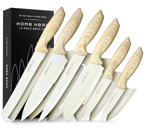 Home Hero Juego de Cuchillos de Cocina 12 Piezas Acero Inoxidable Crema | Bloque de cuchillos de acero inoxidable de alto carbono con fundas protectoras y revestimiento antiadherente.