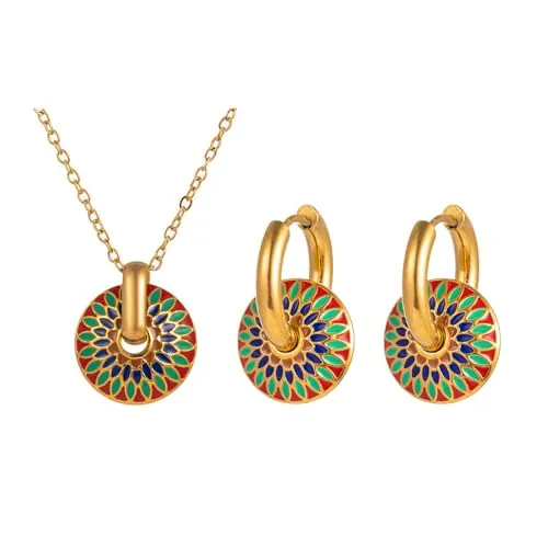 KBRPEY Conjunto Joyas Medallón Circular Mosaico Colorido Pendientes Collar Dorado Estilo Étnico Artesanal
