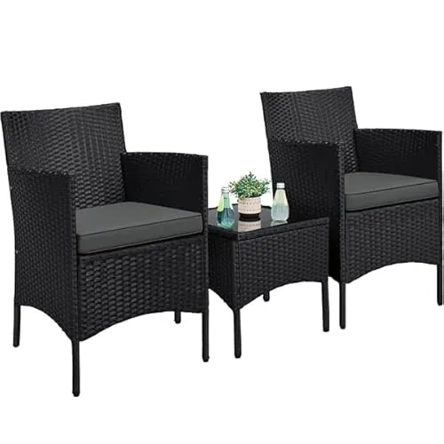 Yaheetech Conjunto de Muebles de Jardín Exterior Muebles Terraza con Cojines Juego de Sillas Ratán PE y Mesa de Vidrio para Balcon Negro