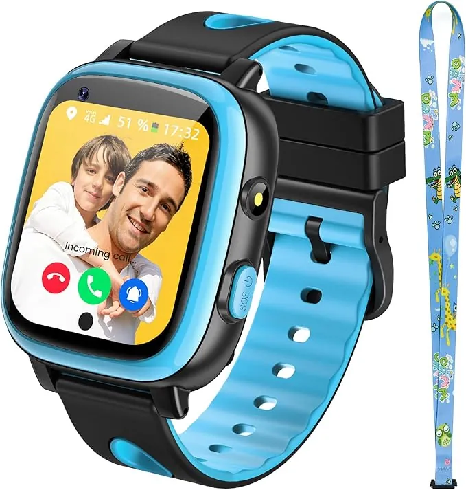 2026 Nuevo 4G Reloj Inteligente Niño con Videollamada & GPS, SOS, Chat de Voz, IP68 Impermeable, Modo Escuela, Podómetro, Despertador, Flashcard, Regalo para Niños y Niñas de 4 a 15 Años Azul