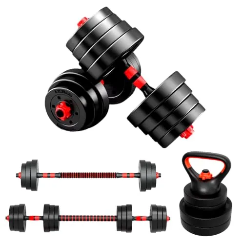 JUPPLIES Juego de Mancuernas Ajustables 4 en 1 + Kettlebell - 10kg 20kg 35kg - Kit de Pesas con Barra Recta Ajustable y Antideslizante - Pesas y Mancuernas Discos Recubiertos - Set de 35 kg