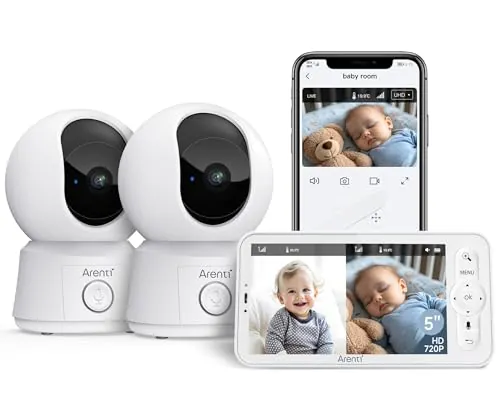 ARENTI Vigilabebes con 2 Camaras 1080P con Pantalla de 5'', Camara Vigilancia Bebe 355° PTZ, Voz Bidireccional, Detección de Movimiento y Sonido, Visión Nocturna, Sensor Temperatura, Modo VOX
