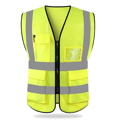 HYCOPROT Chaleco de Seguridad Reflectante Alta Visibilidad Ropa de Trabajo Gerente Ejecutivo Chaqueta de Chaleco Cremallera Brace Seguridad Teléfono Móvil Titular de Id de Bolsillo（Amarillo,M）