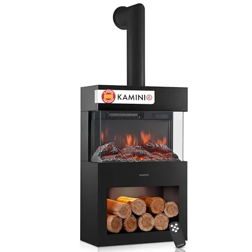 KAMINIO® Henri Chimenea eléctrica con Calefactor & Tubo de Estufa [Negro] | Estufa eléctrica tipo chimenea decorativa con efecto fuego 3D, compartimento con luz LED, termostato, temporizador y mando